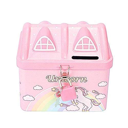 Rockjon Unicorn Theme Hut Shape Metal Kids Money Box for Kids with Lock and Key Coin Bank Design is Unicorn | Coin Box in Hut Shape (Pink)