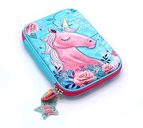 Premium Stylish Unicorn Owl Print Large Capacity Hardtop Eva Pencil Case Organizer School Kids Girls Multipurpose (Unicorn Blue)