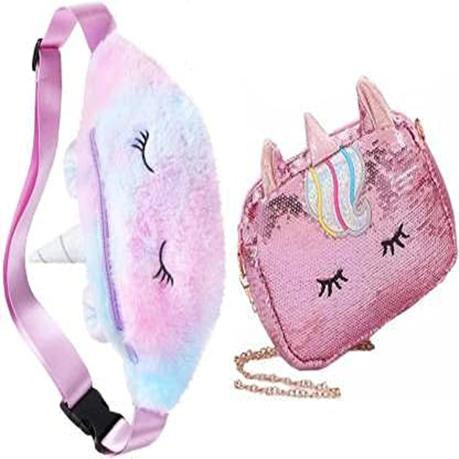 Rockjon Unicorn Waist Bag for Kids Cute Furr Plush Belt Bag Small Bum Bag with Adjustable Belt for kids Girls Boys Sport Running Camping Trip(pack of 2),Multicolour