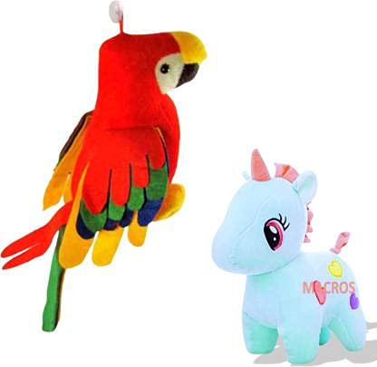 Rockjon- Cute Multicolor Parrot & Cute Unicorn Soft and Spongy Stuffed Toy Pack of- 2