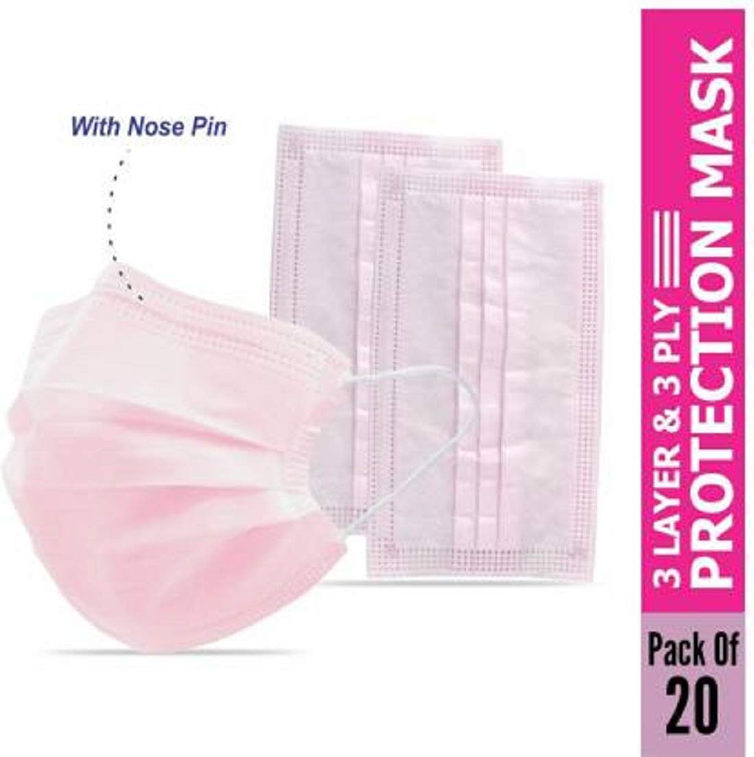 RockJon 3 Ply Mask With Nose Pin, Pink Surgical Face Mask 3 Layer Mask for Virus/Germs Washable Cloth Mask With Melt Blown Fabric Layer (Pink, M, Pack of 20)