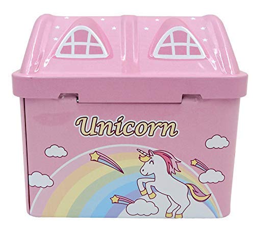 Rockjon Unicorn Theme Hut Shape Metal Kids Money Box for Kids with Lock and Key Coin Bank Design is Unicorn | Coin Box in Hut Shape (Pink)