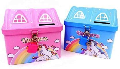Rockjon-Money Saving House Shape Metal ,Coin Bank with Lock and Key_Pink Multicolor Pack of 1