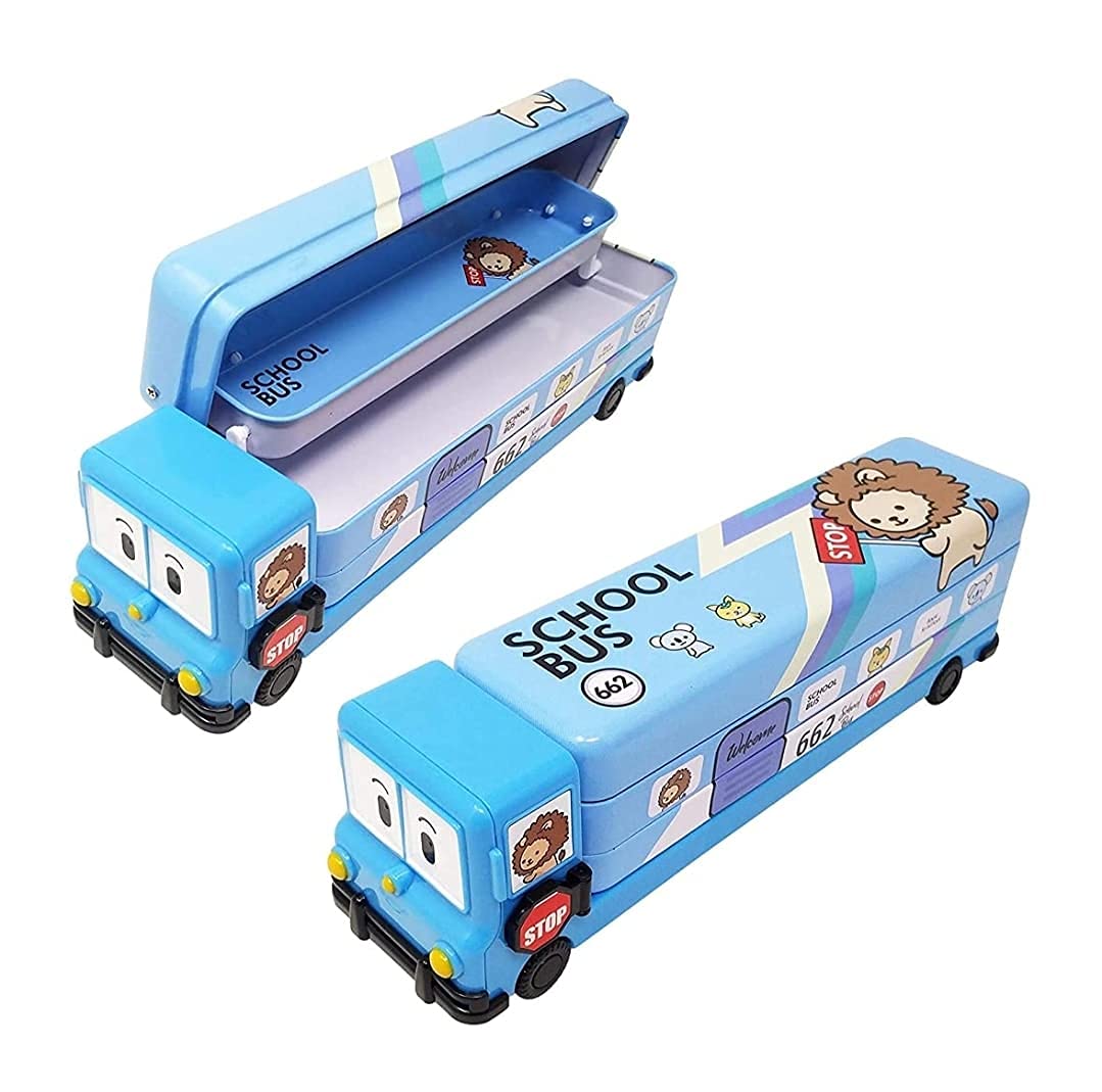 Rockjon – Cartoon Printed School Bus Metal Pencil Box with Moving Tyres and Sharper for Kids (Multicolour)