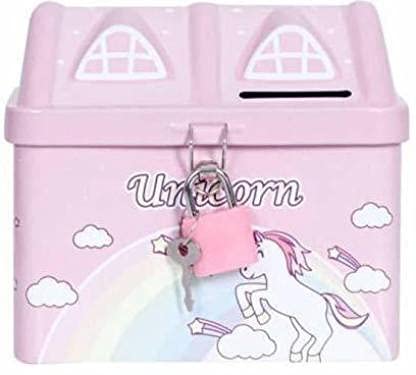 Rockjon-Money Saving House Shape Metal ,Coin Bank with Lock and Key_Pink Multicolor Pack of 1