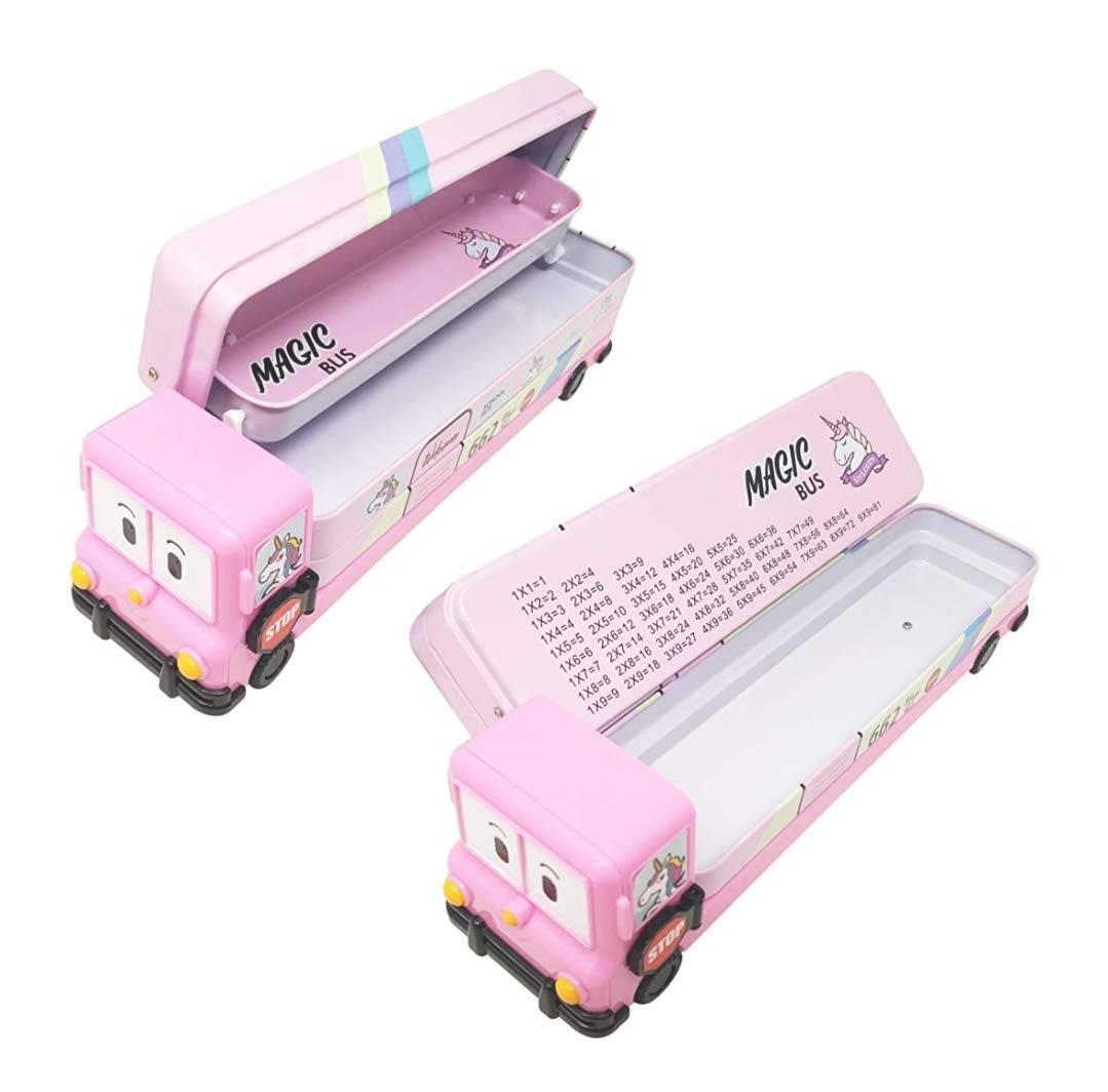 Rockjon – Cartoon Printed School Bus Metal Pencil Box with Moving Tyres and Sharper for Kids (Multicolour)