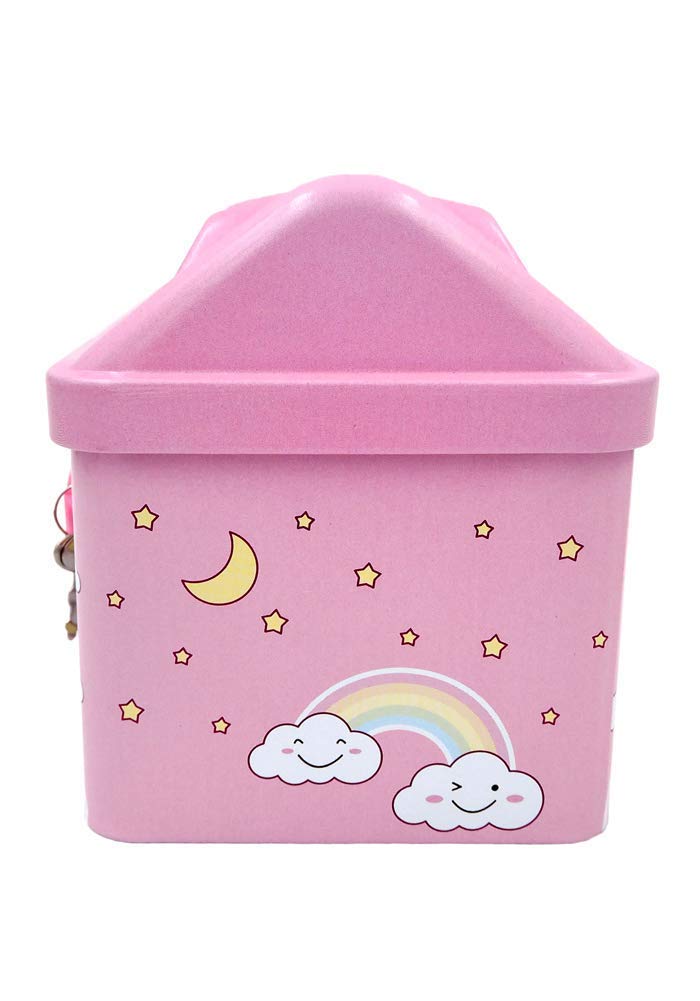 Rockjon Unicorn Theme Hut Shape Metal Kids Money Box for Kids with Lock and Key Coin Bank Design is Unicorn | Coin Box in Hut Shape (Pink)