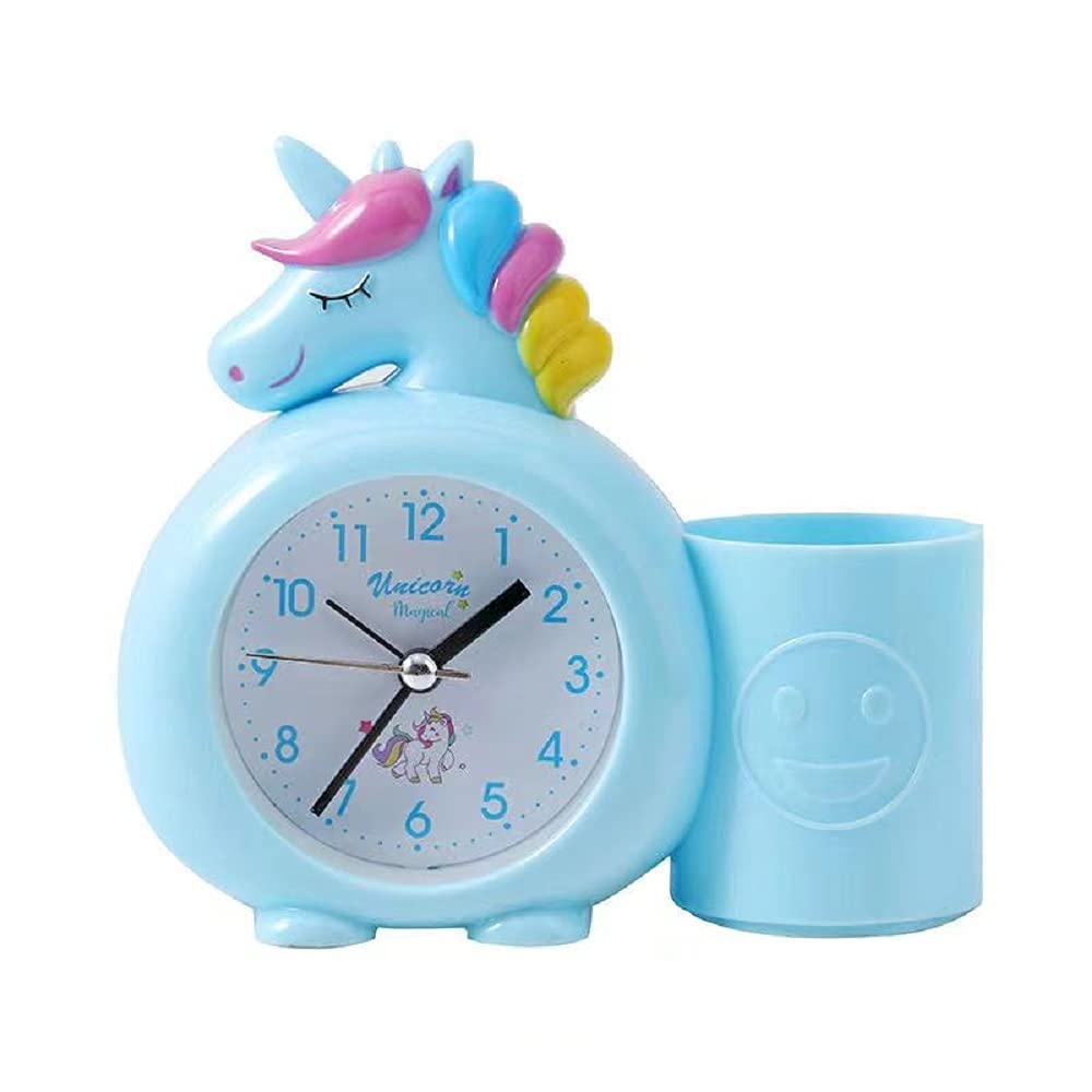 Rockjon Plastic Unicorn Alarm Table Clock with Pen / Pencil Stand for Kids Birthday Return Gifts (Blue) Pack of 1
