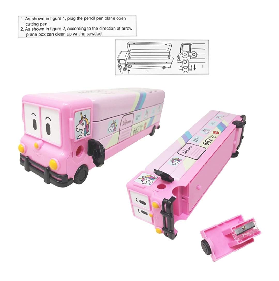 Rockjon – Cartoon Printed School Bus Metal Pencil Box with Moving Tyres and Sharper for Kids (Multicolour)