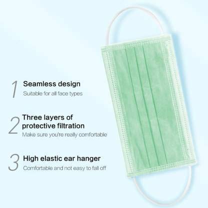 RockJon Surgical Nose Pin Anti Pollution Mask with 4 Layer Protection Green pack of 100 Surgical Mask With Melt Blown Fabric Layer (Free Size, Pack of 100, 3 Ply)