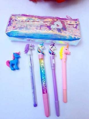 Rockjon 1 Pc Unicorn LED Light Pouch,1 Unicorn Glitter Gel Pen, 1 Pc Unicorn Pencil, 1 Pc Unicorn Gel Pen, 1 Pc Unicron Eraser (Random,Pack of 6) Unicorn Art EVA Pencil Box (Set of 6, Multicolor)
