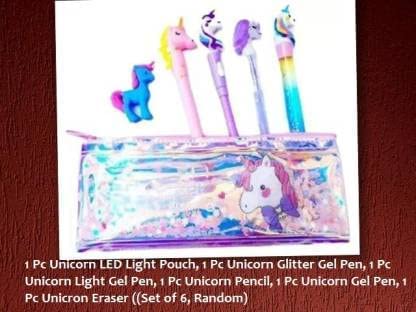 Rockjon 1 Pc Unicorn LED Light Pouch,1 Unicorn Glitter Gel Pen, 1 Pc Unicorn Pencil, 1 Pc Unicorn Gel Pen, 1 Pc Unicron Eraser (Random,Pack of 6) Unicorn Art EVA Pencil Box (Set of 6, Multicolor)