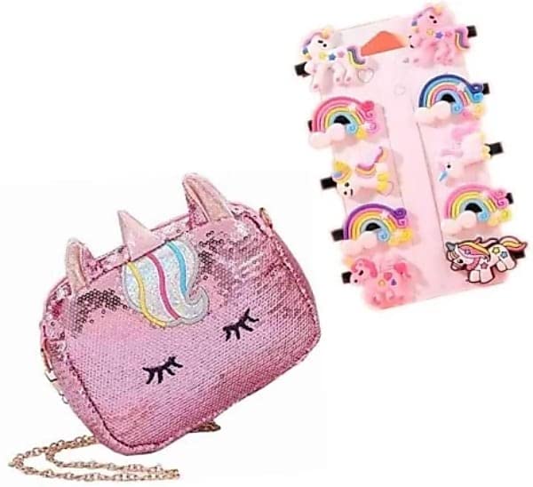 Rockjon Unicorn sling bag/unicorn cross body sequin shoulder sling bags With Cut unicorn clips for girls/birthday return gift Pac of 2