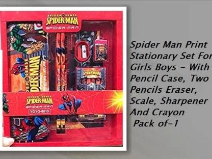 Rockjon – Kids Cartoon Spider Man Print Stationary Set for Girls Boys – with Pencil case,Two Pencils Eraser, Marker, Sharpener and Crayon (Spider Pencil Set)