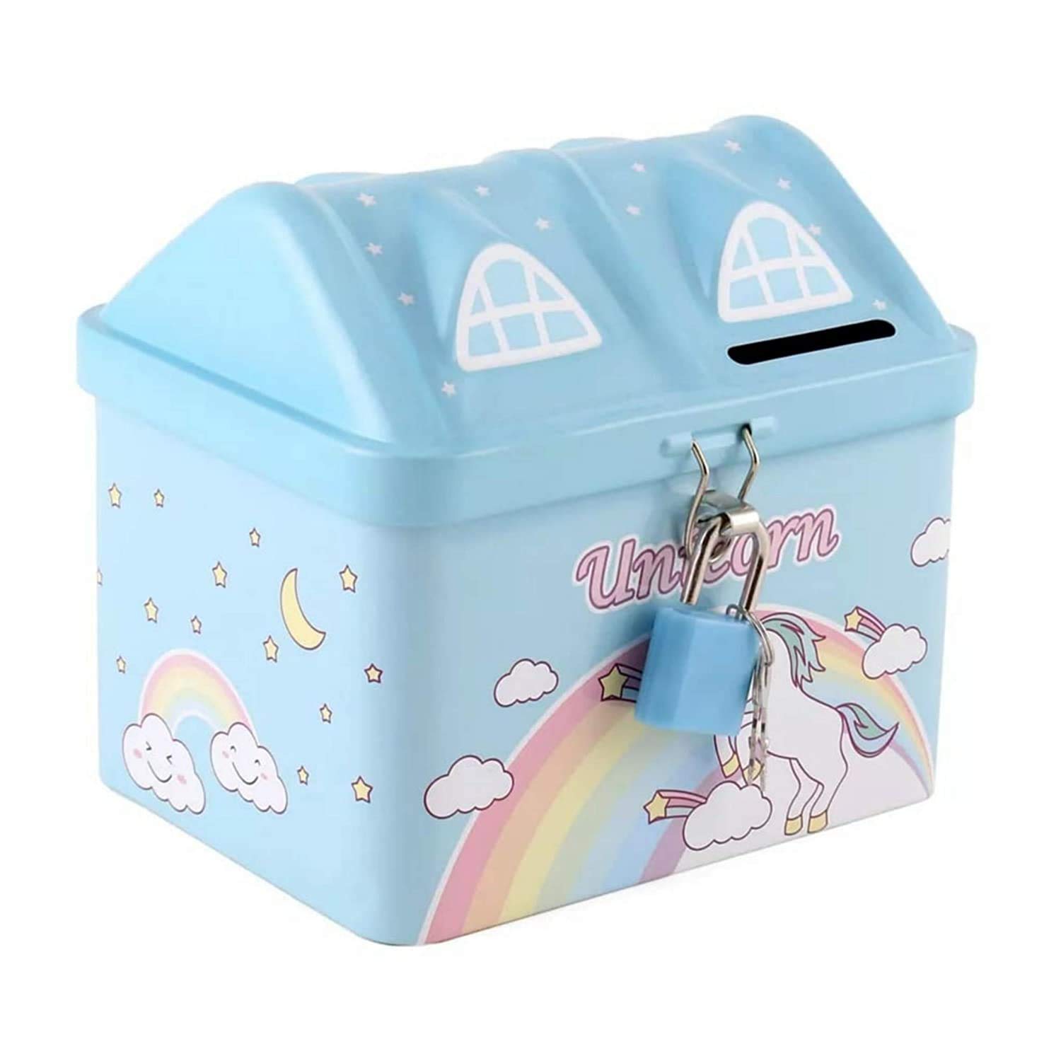 Rockjon Unicorn Theme Hut Shape Metal Kids Money Box for Kids with Lock and Key Coin Bank Design is Unicorn | Coin Box in Hut Shape (Blue)