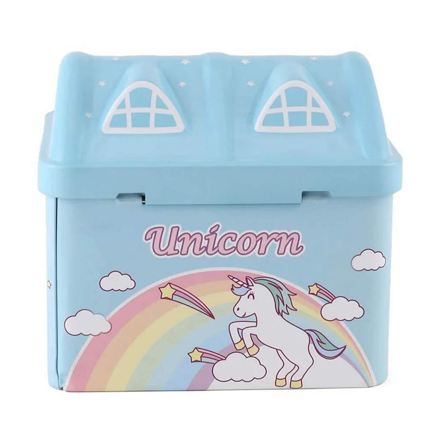 Rockjon Unicorn Theme Hut Shape Metal Kids Money Box for Kids with Lock and Key Coin Bank Design is Unicorn | Coin Box in Hut Shape (Blue)