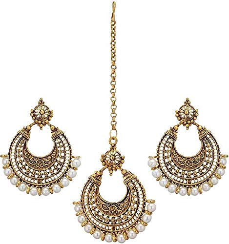 RockJon Maang Tikka with Earrings Set | Maang Tikka for Women Maang Tikka Earrings Tikka Earing Set | Tika Earring Set Kundan Tikka Earrings Set