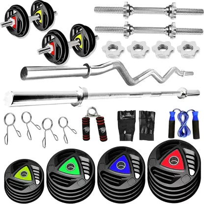 Kiraro 40 kg Metal Integrated Rubber Plates With 4ft Curl,5ft St.Rod, 2 Adjustable Dumbbell Home / Gym Combo