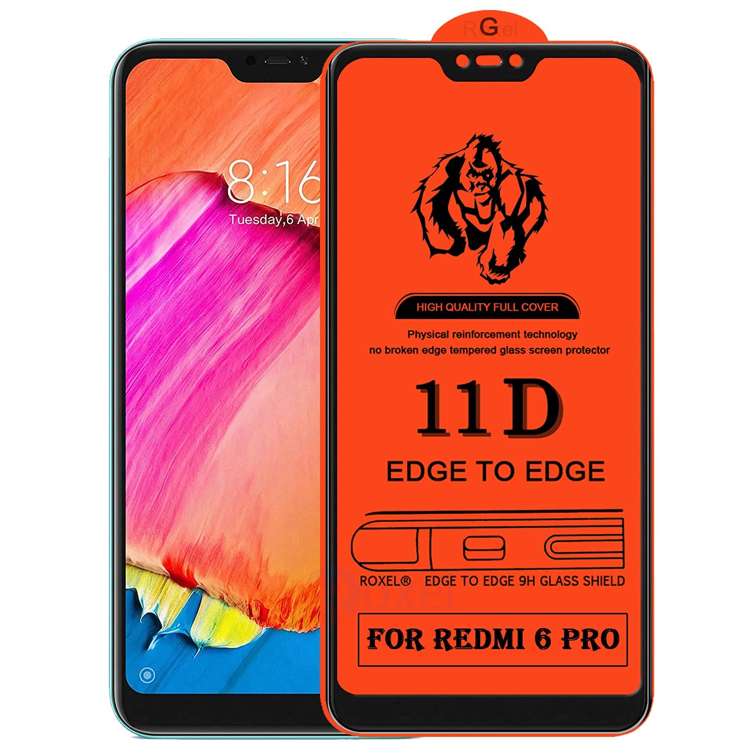 Rockjon 11D Tempered Glass Screen Protector Compatible for Redmi 6 Pro (Pack Of 1) with Full Screen Coverage (edge to edge) and Easy Installation kit [1 Pack|Black|Gorilla Tempered]