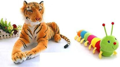 Rockjon- Cute Multicolor Tiger & Beautiful Colorful Caterpillar Soft and Spongy Stuffed Toy Pack of- 2