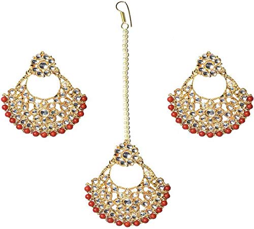 Handcrafted Kundan enameled Kundan earrings with Maang Tikka – Femizen