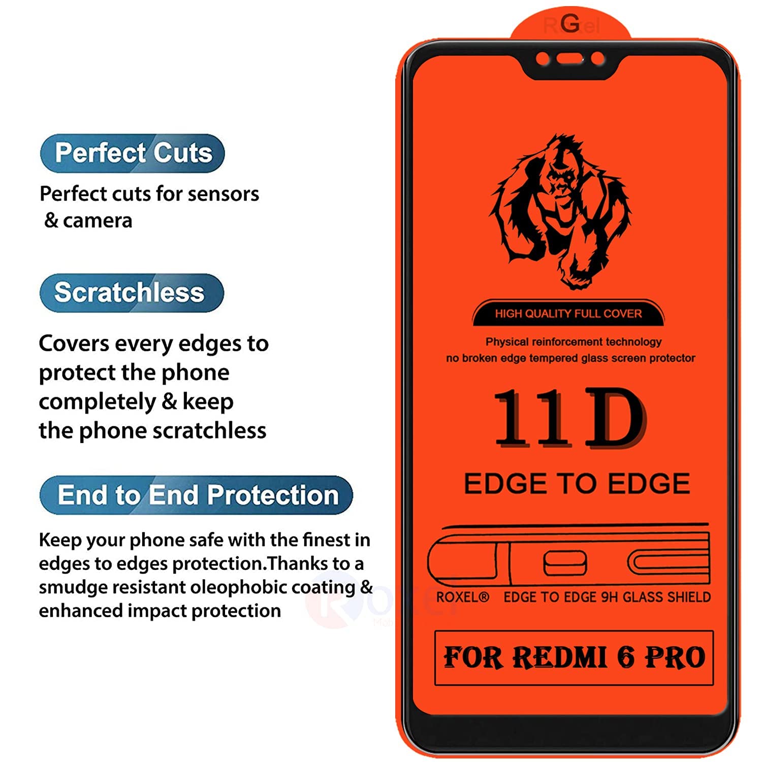 Rockjon 11D Tempered Glass Screen Protector Compatible for Redmi 6 Pro (Pack Of 1) with Full Screen Coverage (edge to edge) and Easy Installation kit [1 Pack|Black|Gorilla Tempered]