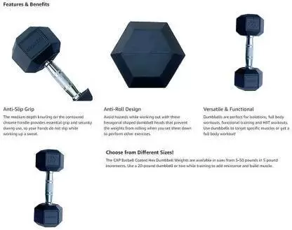 Kiraro Set Of 10Kg x2Pcs Hexagonal Rubber Dumbbell For Home/Commercial Gym Fixed Weight Dumbbell (20 kg)