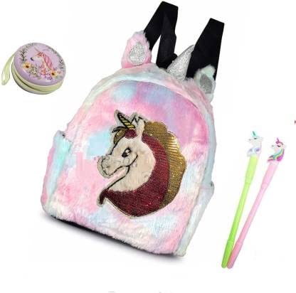 Rockjon Cute Unicorn Plush backpack, Coin Purse & unicorn gel pen for Kids Pack of 3 Multi Color